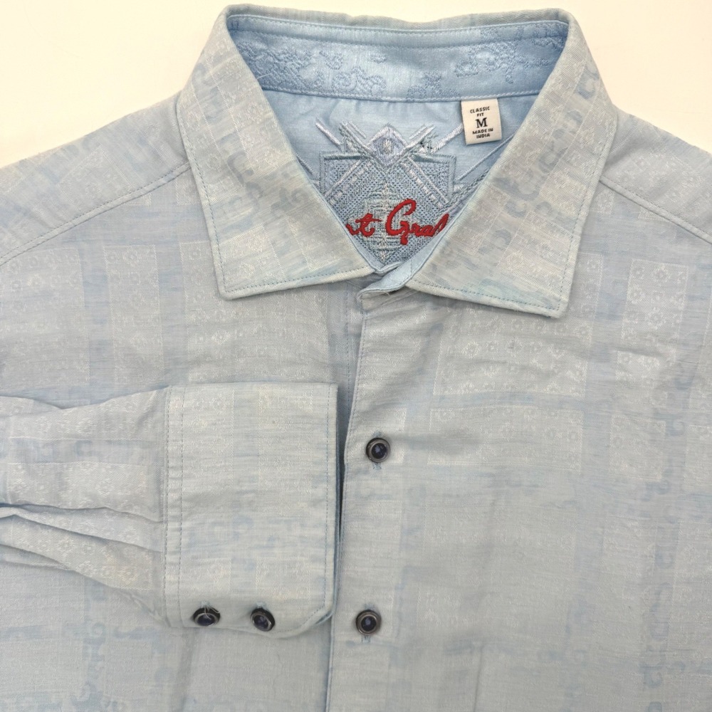 Robert Graham Button Down Men M Blue Classic Fit Linen Cotton Jacquard Geometric